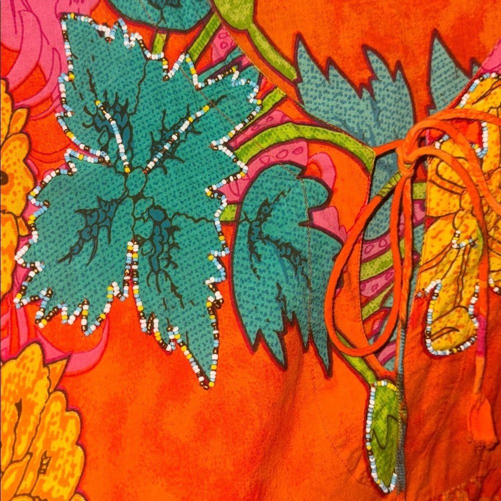 Vibrant Orange Floral Women's Tunic Style Bohemian Colorful Top Ties in Front - Picture 4 of 5